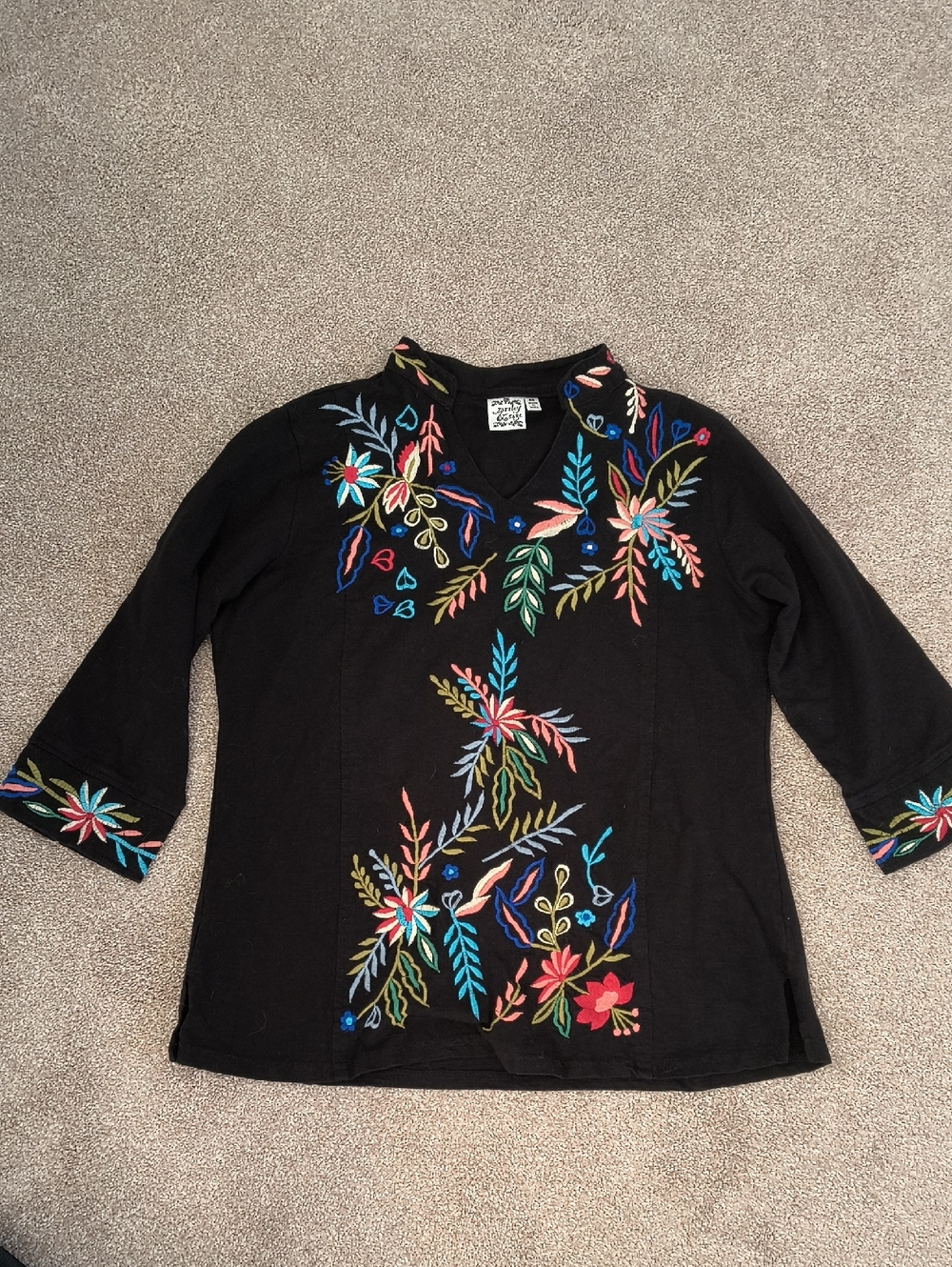 Parsley & Sage Black Colorful Embroidered Floral Tunic 3/4 Sleeve M